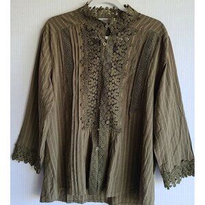 Paposon Green Striped Floral Embroidered 3/4 Sleeve Button Down Top sz M New